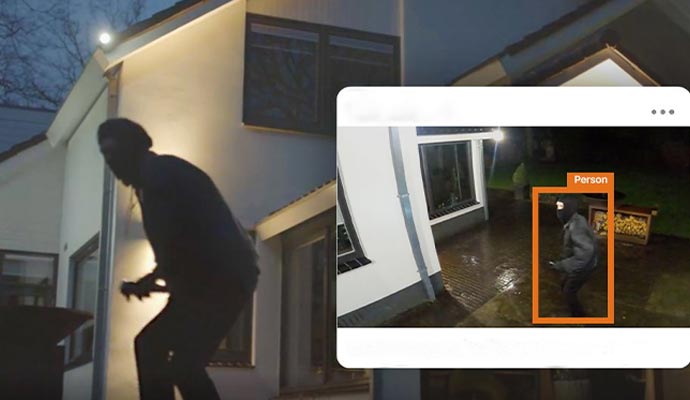 video analytics detected unauthorized person light on home night